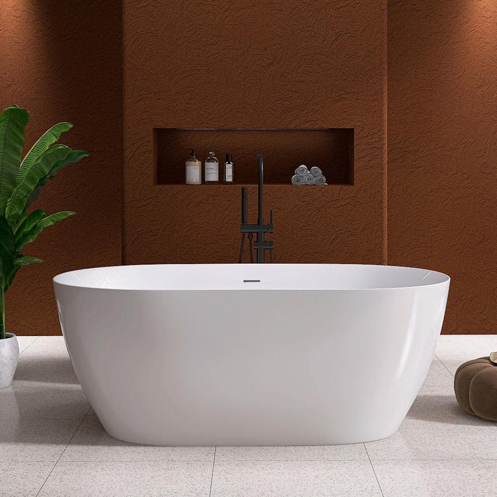 Xspracer Moray 55 in. x 27 in. Acrylic Flatbottom Freestanding Soaking Non-Whirlpool Bathtub with Pop-up Drain in Glossy White (2)