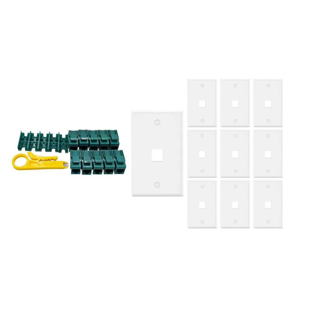 Micro Connectors, Inc 10-Pack 1-Gang White Keystone Plastic Wall Plates 1-Port and 10 Cat 6 RJ45 Keystone Jacks Green (1)