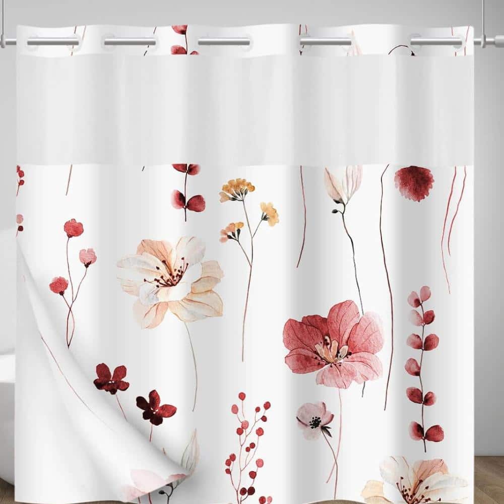Unbranded Floral No-Hook Shower Curtain with Snap-In Liner,Red (1)