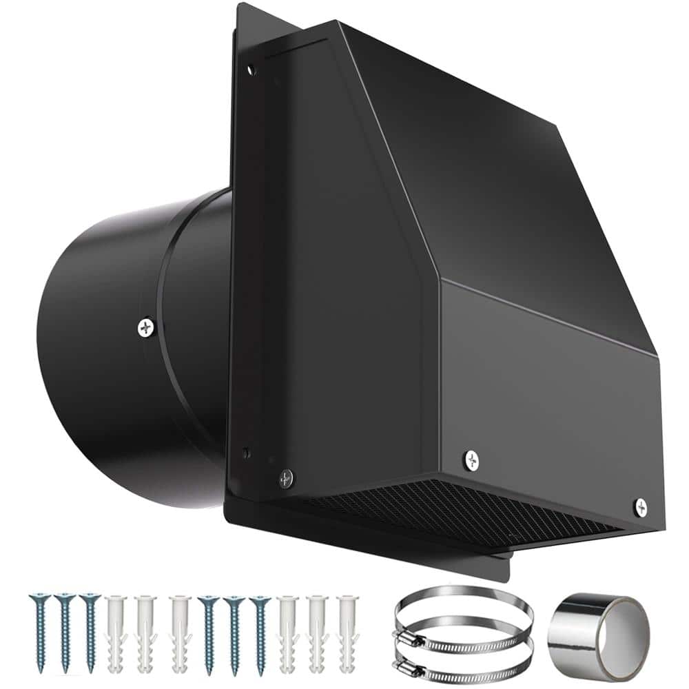 Unbranded 6 Inch Wall Vent with Screen and Damper Galvanized Steel Hooded Exhaust Vent Cover Black Metal Duct Cap Kit (1)