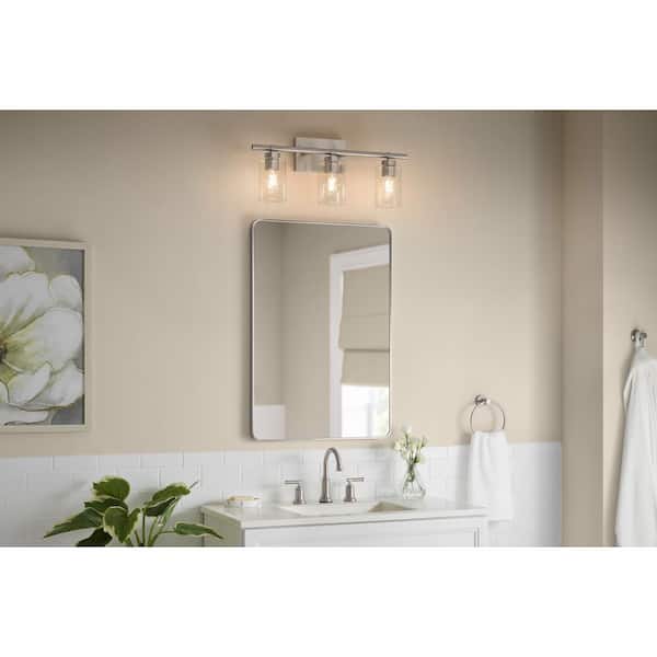 Hampton Bay Breward 24 in. 3-Light Brushed Nickel Bathroom Vanity Light with Clear Ribbed Glass