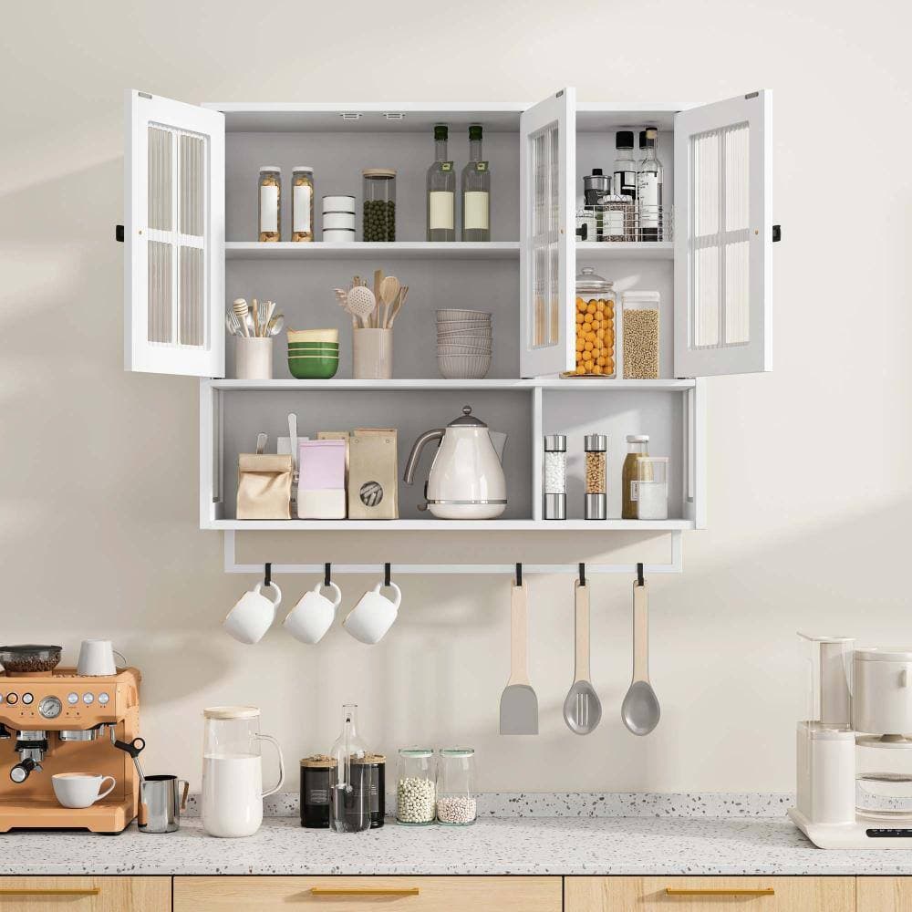XUJMK 35 in. W x 10 in. D x 32 in. H Bathroom Wall Cabinet, Medicine Cabinet in White with Storage Space,Glass Door,Towel Bar (3)