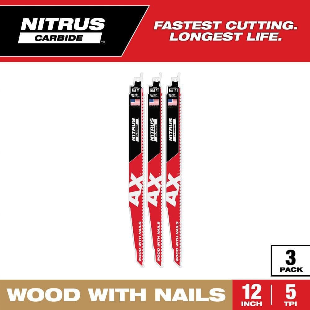 Milwaukee 12 in. 5 TPI NITRUS AX Carbide Teeth Demolition Nail-Embedded Wood Cutting SAWZALL Reciprocating Saw Blade 3PK (1)