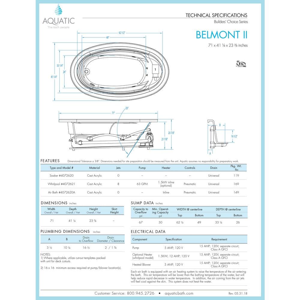 Aquatic Belmont II 72 in. Acrylic Drop-In Whirlpool Reversible Drain Oval Bathtub in White (3)