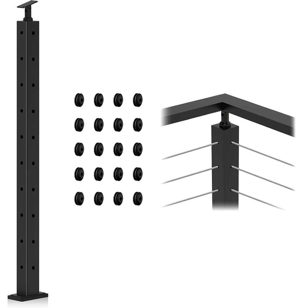 Afoxsos 36 in. x 2 in. Black Stainless Steel Corner Post Cable Railing 90° L-Drilled Indoor Outdoor Deck Balcony (1)