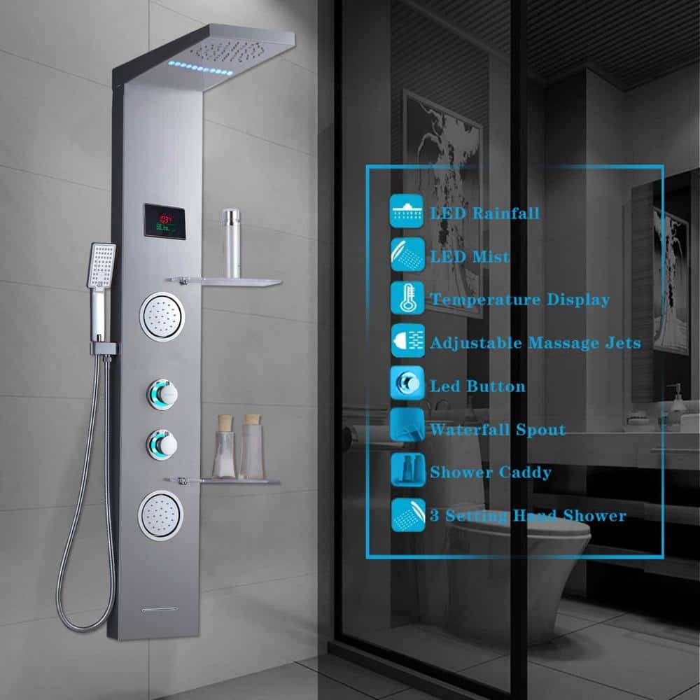 ELLO&ALLO 52 in. 2-Jet Shower Panel System with Shelf LED Rainfall and Mist Head Hand Shower and Tub Spout in Brushed Nickel (2)