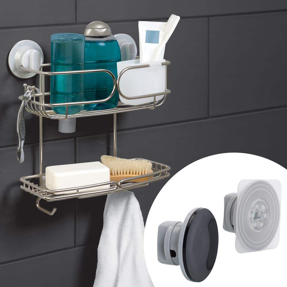 Zenna Home Power Grip Pro Rustproof Adhesive or Suction Mount 2-Shelf Shower Caddy in Stainless Steel