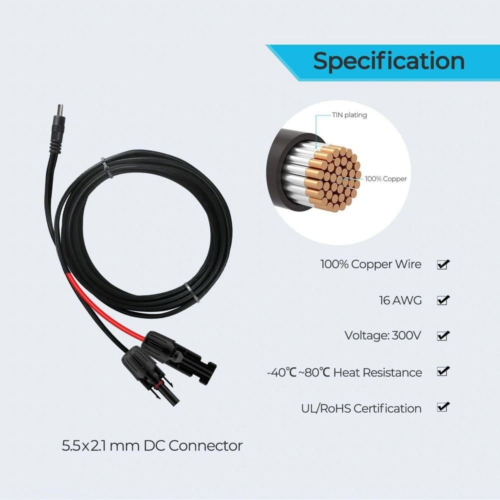 Renogy 10Ft 16AWG Solar Connector to 5.5mm x 2.1 mm DC Connector Adapter Cable, Connect Phoenix 200 to Solar Panel Like FLEX 80 (2)