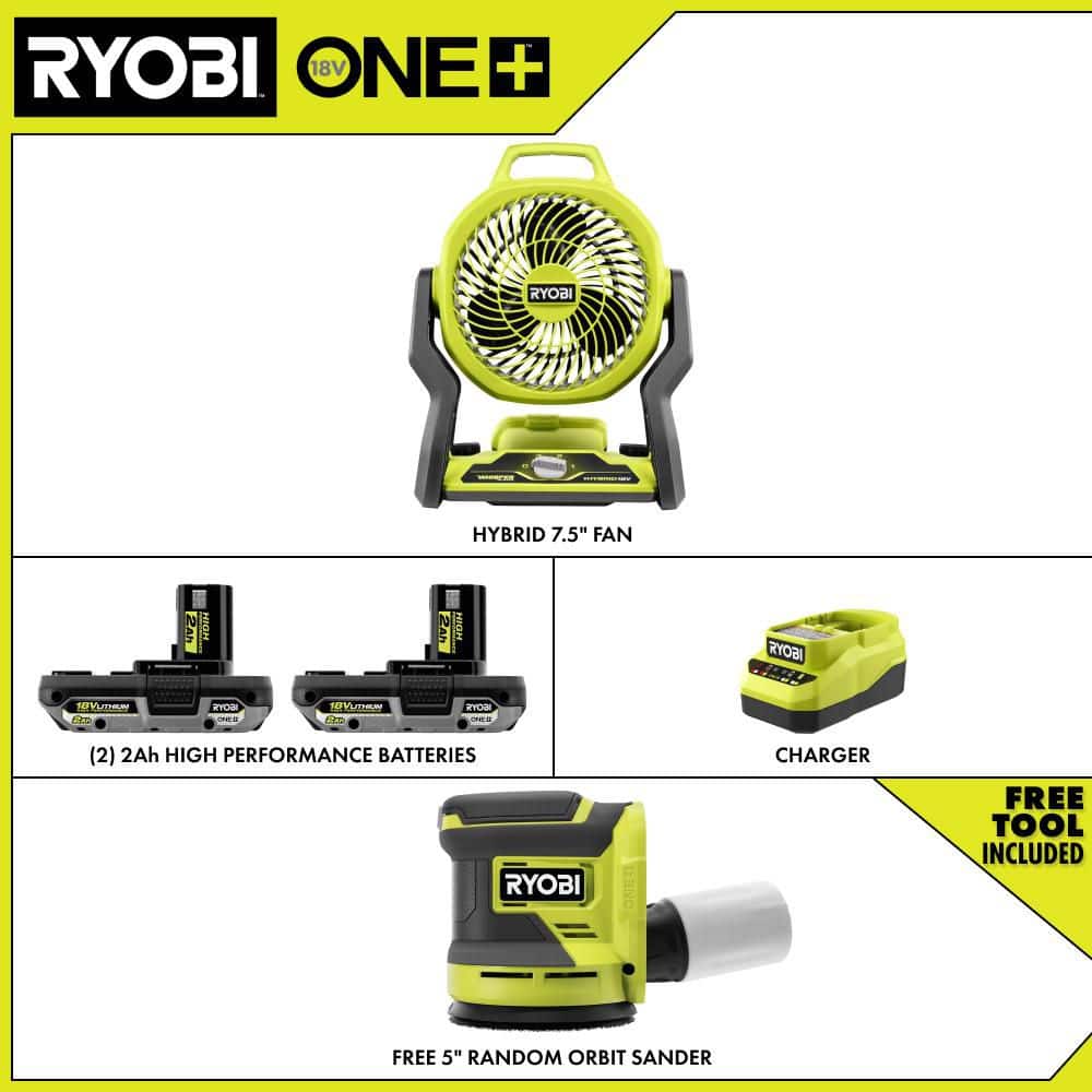 RYOBI ONE+ 18V Cordless Hybrid 7.5 in. Fan Kit w/ (2) 2Ah Batteries, Charger, w/ FREE ONE+ 18V Cordless Random Orbit Sander (2)