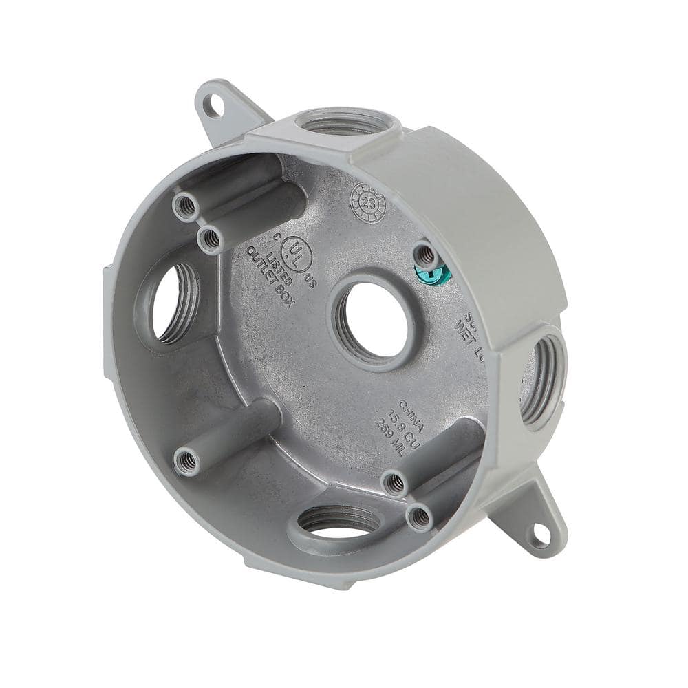 Commercial Electric 4 in. Round Metallic Weatherproof Outlet Box with (5) 1/2 in. Holes, Gray (3)