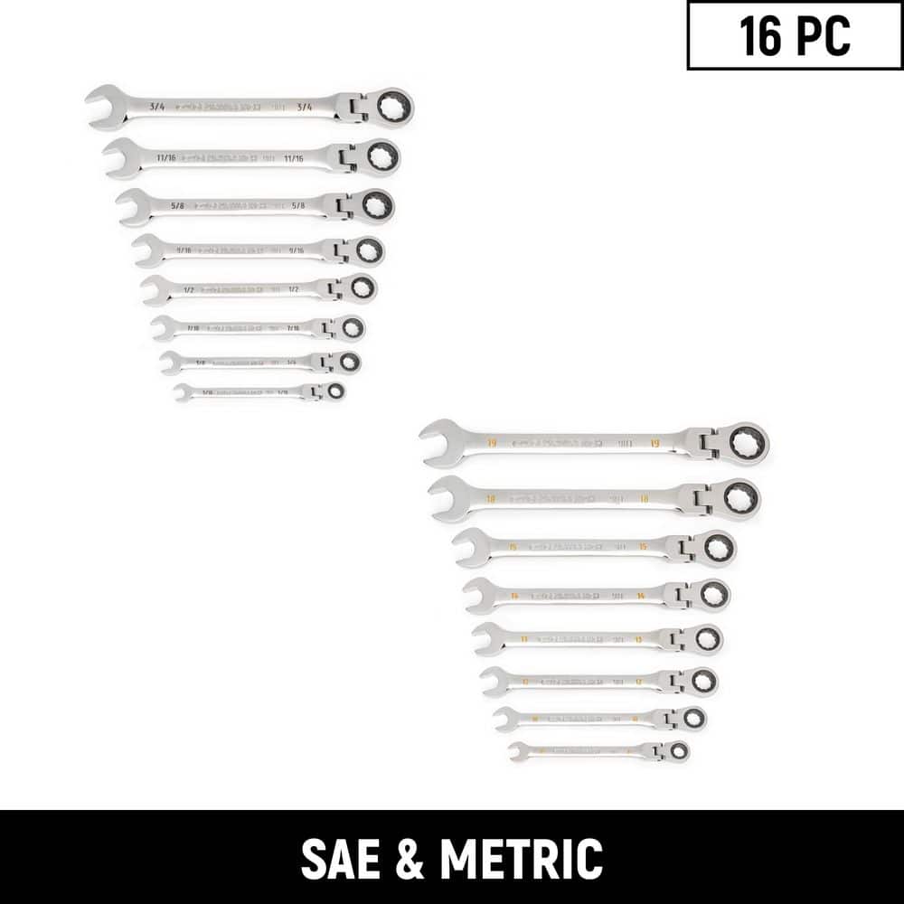GEARWRENCH 16-Piece SAE/Metric Flex-Head 90-Tooth Combination Ratcheting Wrench Set (1)