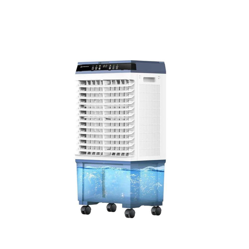 Adrinfly 12H Timer 1800 CFM Portable Evaporative Air Cooler with 6-Ice Packs 5.3 Gal Tank 3-Speeds 110° Swing Remote in Blue (1)