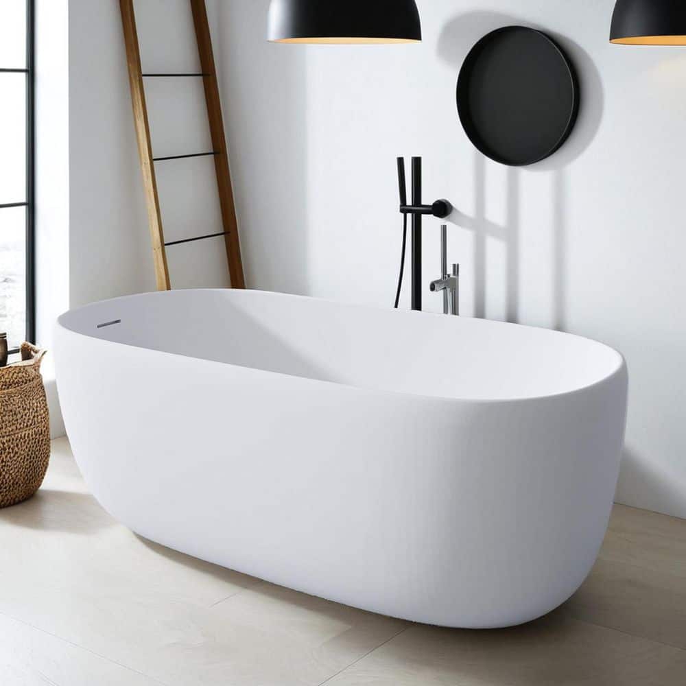 INSTER 51 in. Freestanding Bathtub Resin Stone Soaking Bathtub Solid Surface with Overflow and Pop-up Drain in White (1)