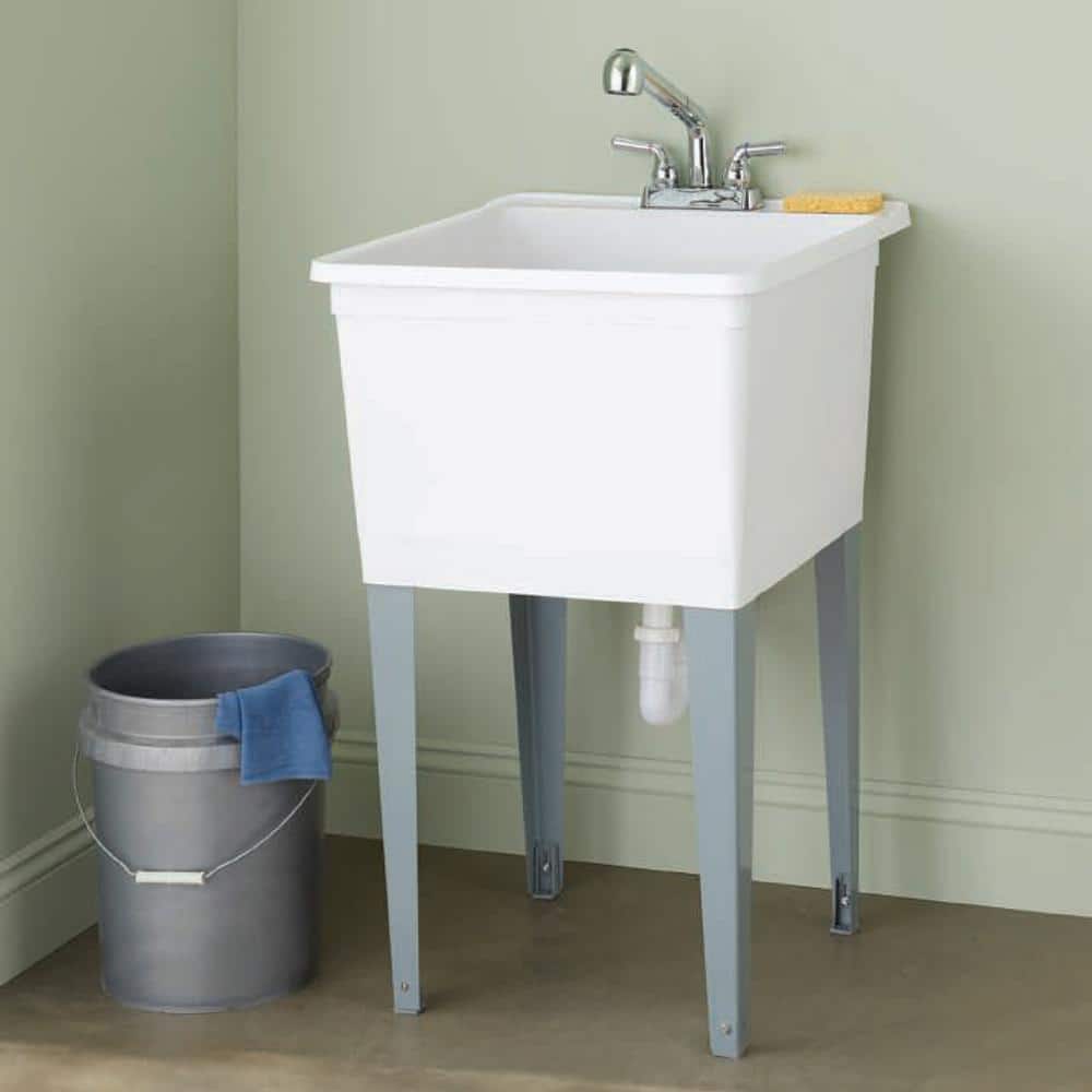 Glacier Bay 24.5 in. D x 22.5 in. W Freestanding Laundry/Utility Sink in White with Chrome Pullout Faucet (3)
