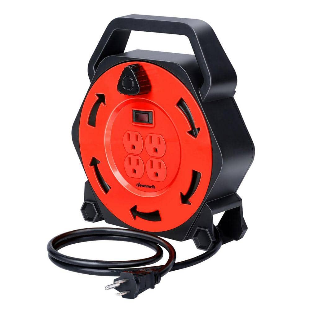 DEWENWILS 25 ft. 16 / 3 AWG SJTW 13 Amp Hand Wind Retractable Extension Cord Reel with 4 Grounded Outlets Black and Red, UL Listed (2)