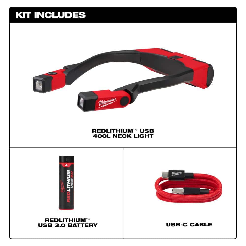 Milwaukee 400 Lumens LED REDLITHIUM Rechargeable Neck Light with Extra USB 3.0 Ah Battery (2)