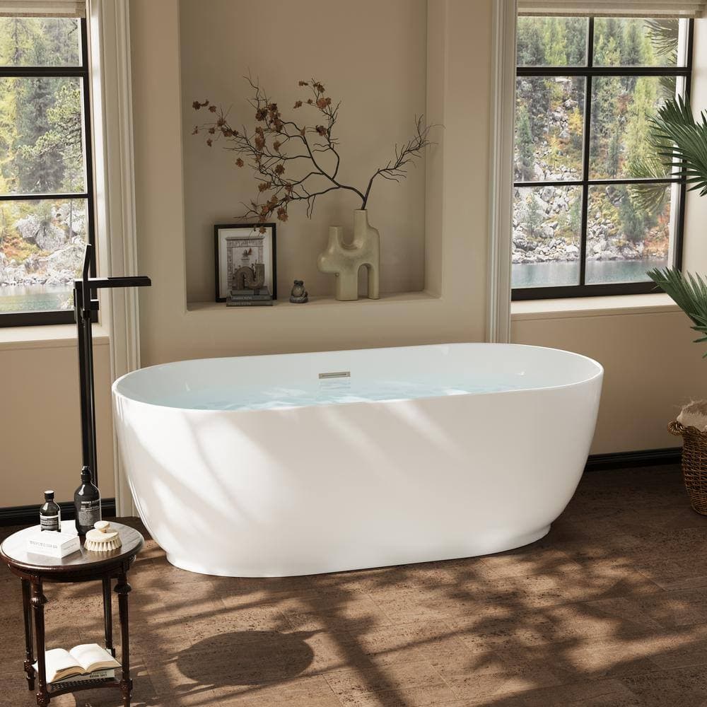 FORCLOVER 67 in. x 31.5 in. Freestanding Soaking Bathtub with Center Drain and Groove Overflow in White/Polished Chrome (3)