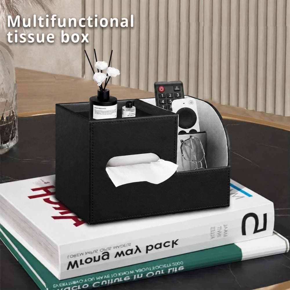 Unbranded PU Leather Tissue Box Cover Square with Storage Tray and Remote Holder for Bathroom Night Stands Black (2)