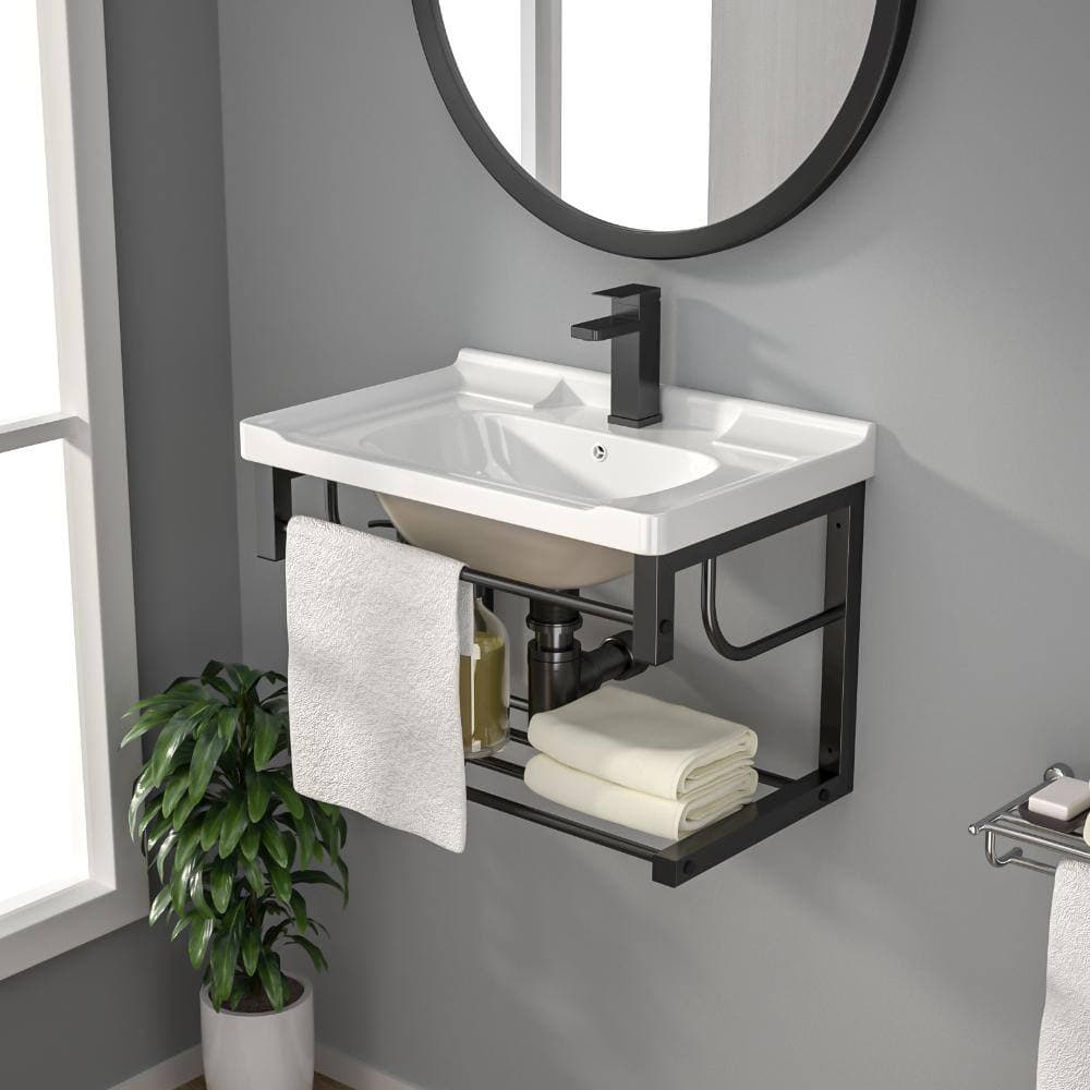 Kichae 23.75 in. x 15.75 in. Wall Mounted Ceramic Bathroom Sink Rectangular White with Black Bracket Faucet Hole and Overflow (3)