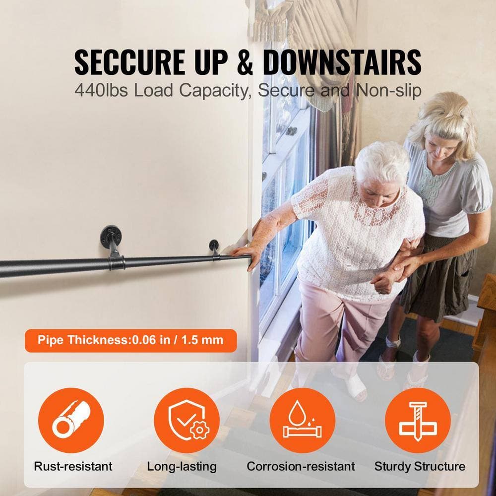 SVOPES Wall Mount Pipe Stair Handrail, 11 ft. Staircase Handrail, 123 in. H x 3.74 in. W, Black, Carbon Steel Stair Railing Kit (2)