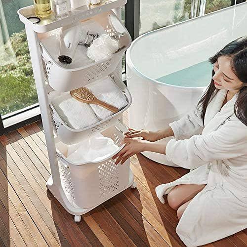 Adrinfly Freestanding Bathroom Multi-layer Laundry Basket Storage Basket Household with 3-Baskets in White (2)