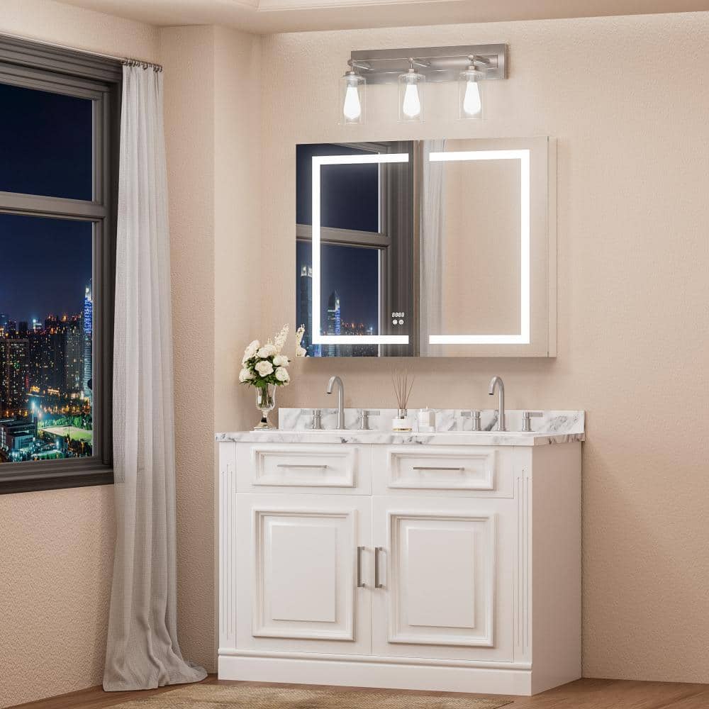 KeonJinn 40 in. W x 32 in. H Rectangular Aluminum Recessed/Surface Mount Lighted Medicine Cabinet with Mirror and LED Light (2)