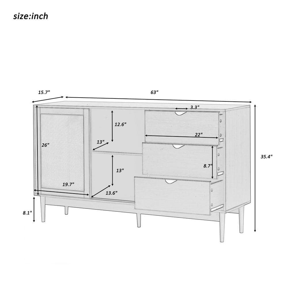 Unbranded 63 in. W x 15.7 in. D x 35.4 in. H Brown Linen Cabinet with Three Drawers and Metal Handles (2)