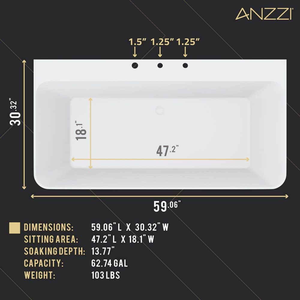 ANZZI Vault Series 59 in. x 30 in. Flat Bottom Acrylic Freestanding Soaking Bathtub with Center Drain, Chrome Faucet (3)