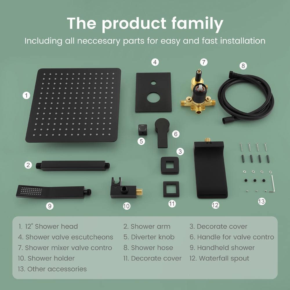 UKISHIRO liric Celling Mount Single Handle 1-Spray Square High Pressure Shower Faucet in Matte Black (Valve Included) (3)
