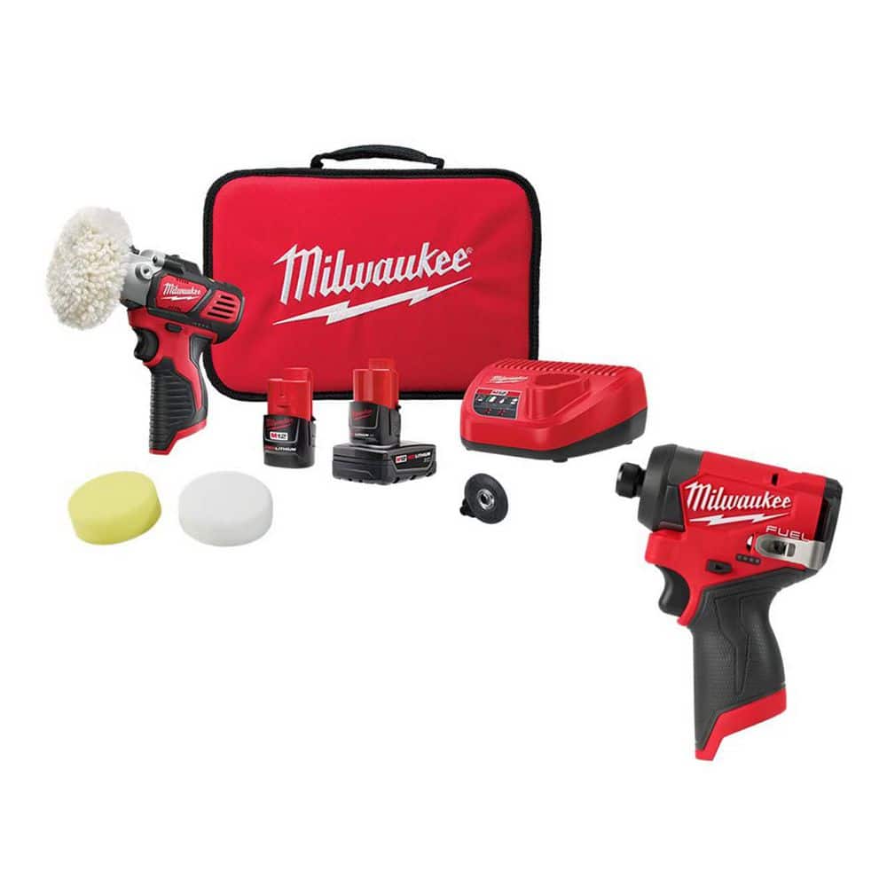 Milwaukee M12 12V Lithium-Ion Cordless Variable Speed Polisher/Sander Kit W/Impact Driver, Batteries, Accessories, Charger & Bag
