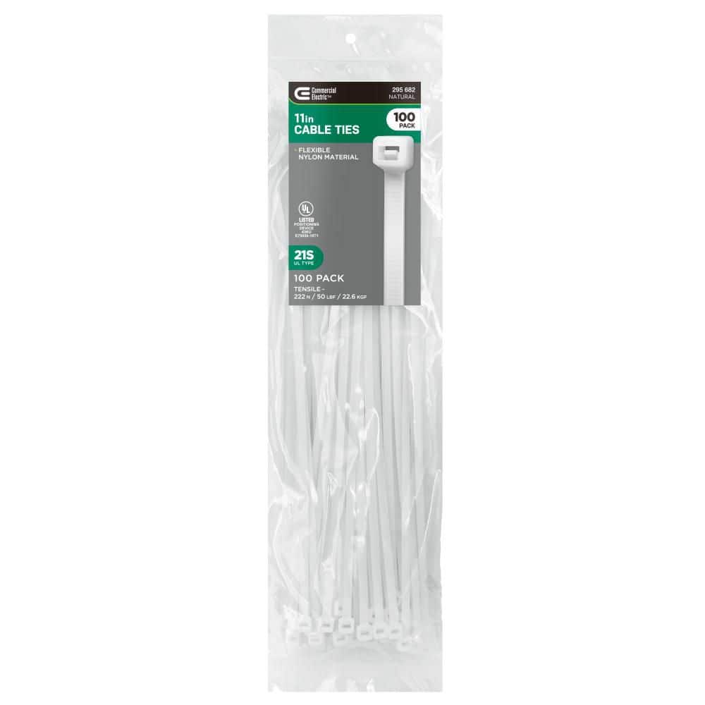 Commercial Electric 11in Standard 50lb Tensile Strength UL 21S Rated Cable Zip Ties 100 Pack Natural (White)