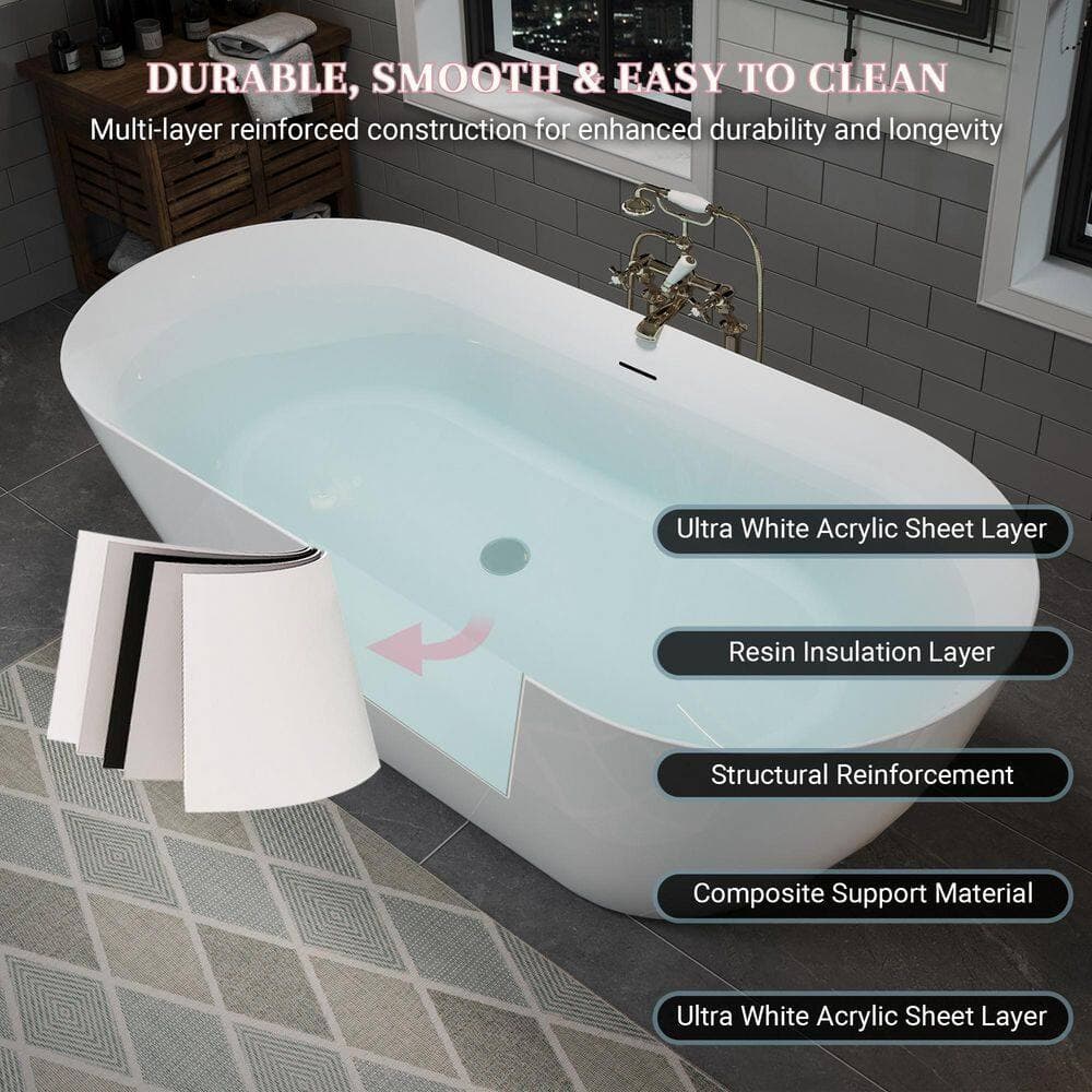 Ziyudura 30 in. Acrylic Freestanding Oval Soaking Bathtub with Center Pop-up Drain Glossy /Chrome (3)