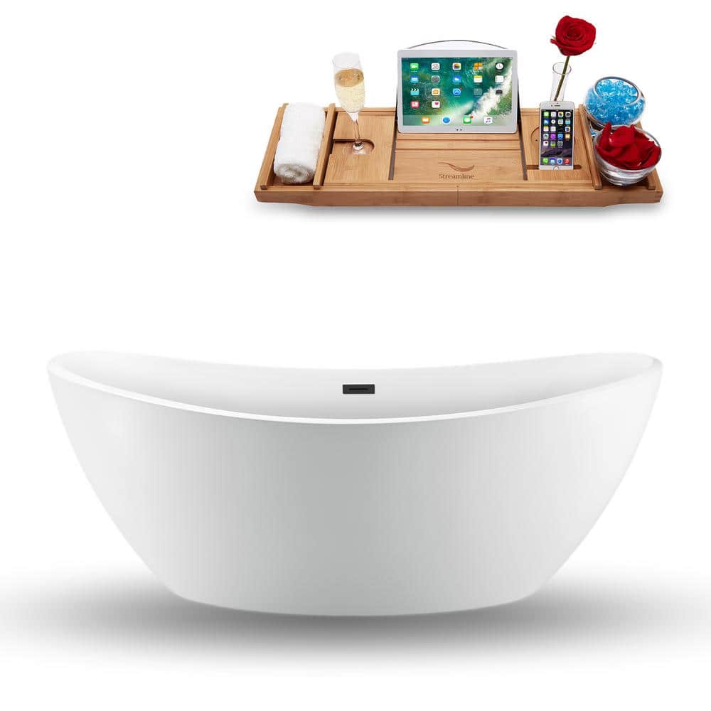 Streamline 75 in. Acrylic Flatbottom Non-Whirlpool Bathtub in Glossy White with Matte Black Drain and Overflow Cover (1)