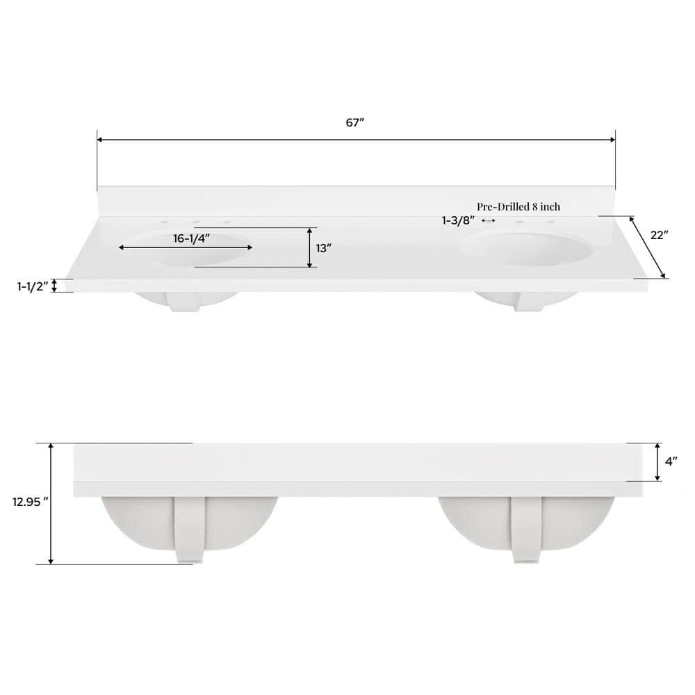 ARIEL 67 in. W 22 in. D Bathroom Vanity Top with 1.5 in. Thick Miter Edge Round Double Sink White (3)
