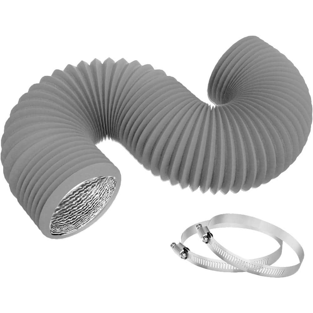 Lukvuzo 4 in. 8 ft. Aluminum Foil Dryer Vent Hose and Flexible Insulated Air DuctingVent Hose PVC with 2 Clamps for HVAC in Gray (1)