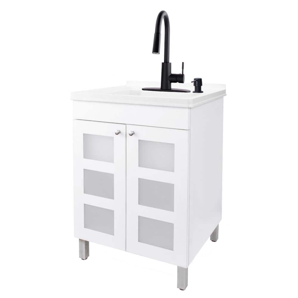 TEHILA 18 Gallons 21.75 in. x 25 in. Thermoplastic Freestanding Laundry Sink, Black Faucet, White Cabinet, Soap Dispenser
