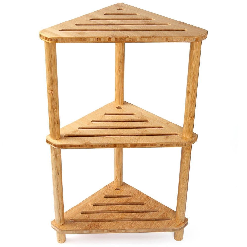 Wudkey 3 Tier Waterproof Bamboo Corner Shower Caddy Stand in Brown, Free Standing Bathroom Corner Shelf, Shower Stool Organizer (1)