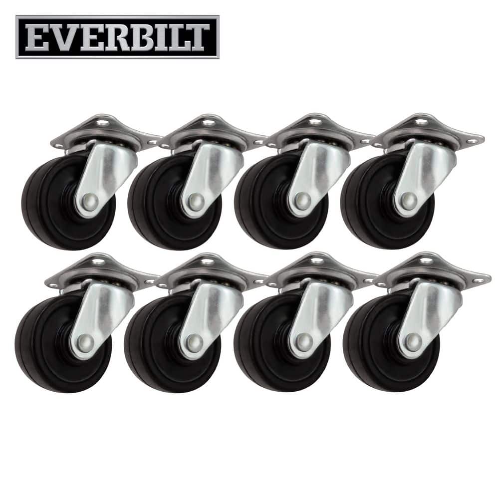 Everbilt 1 1/2 in. Black Soft Rubber and Steel Swivel Plate Casters with 40 lbs. Load Rating 8 Pack