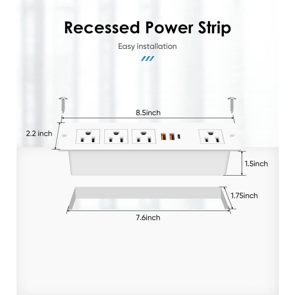 OBJLGEV 6 ft. Cord 4-Outlet 2 USB-A Ports 1 USB-C Port Surge Protector with Recessed Mounting and Fast Charging (2)