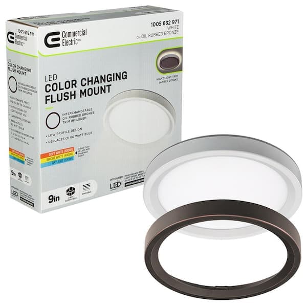 Commercial Electric 9 in. White, Oil Rubbed Bronze Trims 800 Lumens LED Flush Mount Ceiling Light Fixture with Night Light Adjustable CCT