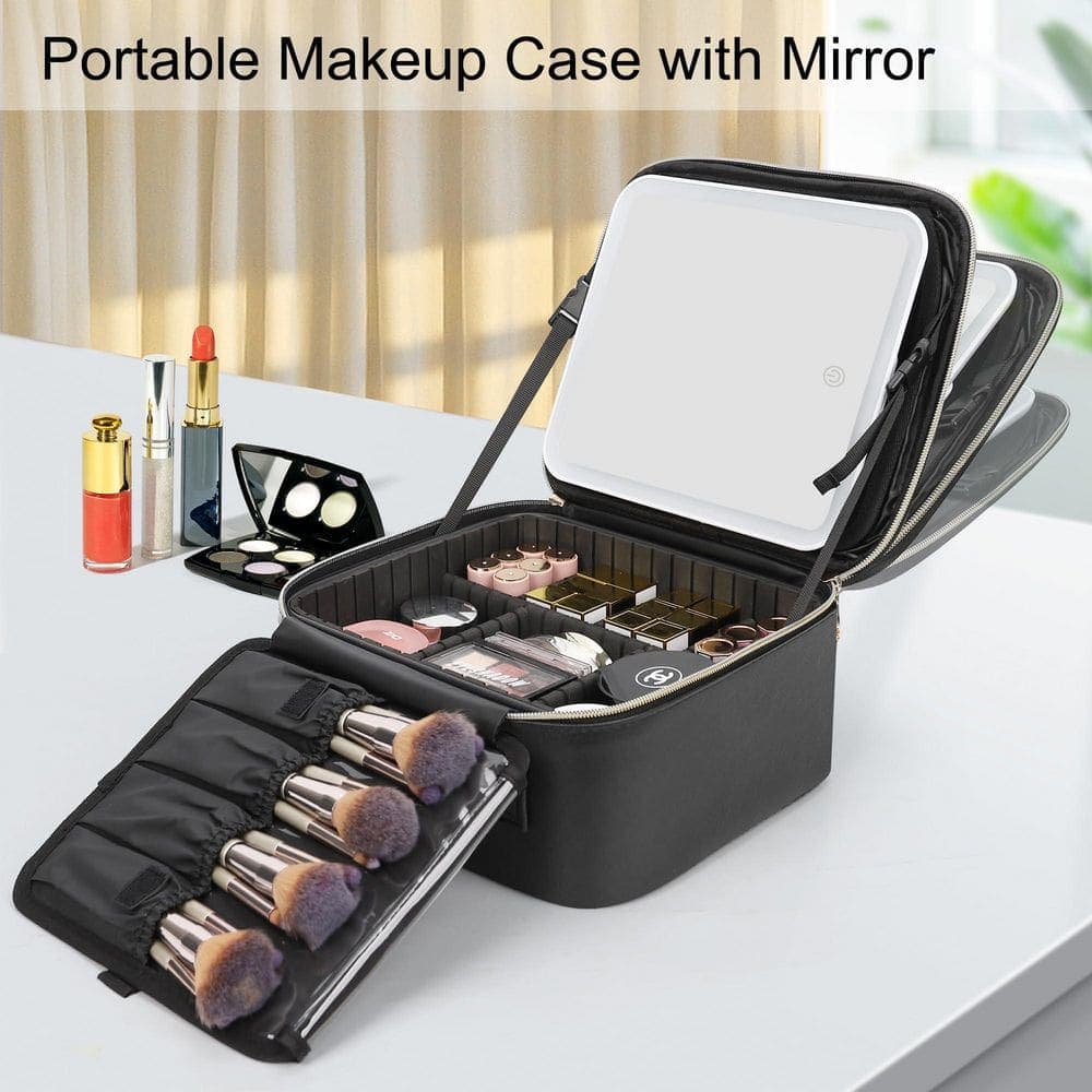 Wudkey Travel Makeup Bag with LED Mirror and Adjustable Dividers, Portable Makeup Artist Organizer Bag, Black (2)
