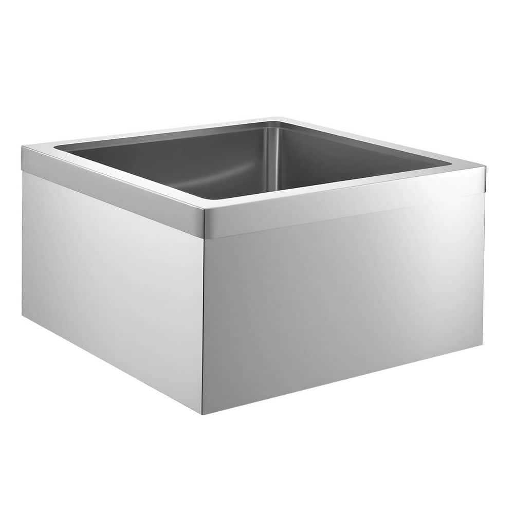 SKYSHALO 24.02 in. D x 24.02 in. W Wall Mount Stainless Steel Mop Sink with Wall Bracket, X-Drain Groove for Balcony and Bathroom (3)