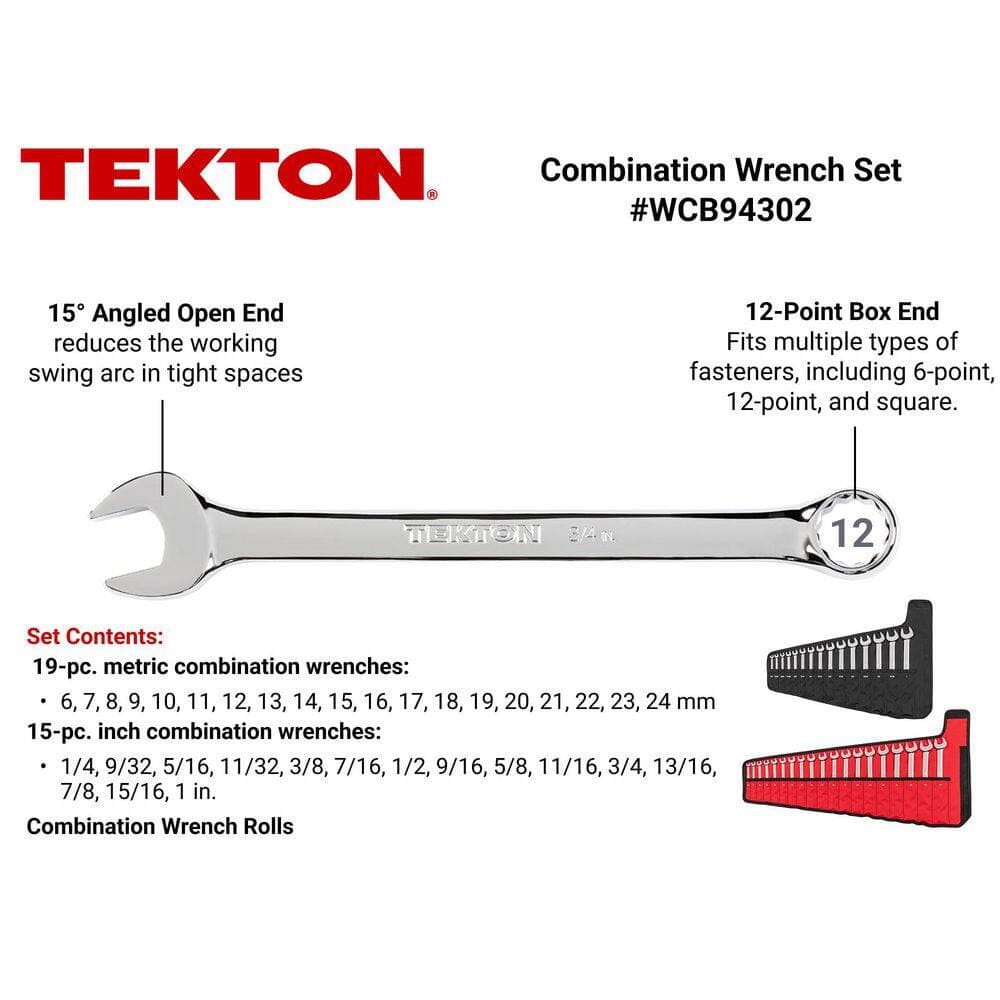 TEKTON 1/4-1 in., 6-24 mm Combination Wrench Set with Pouch (34-Piece) (2)