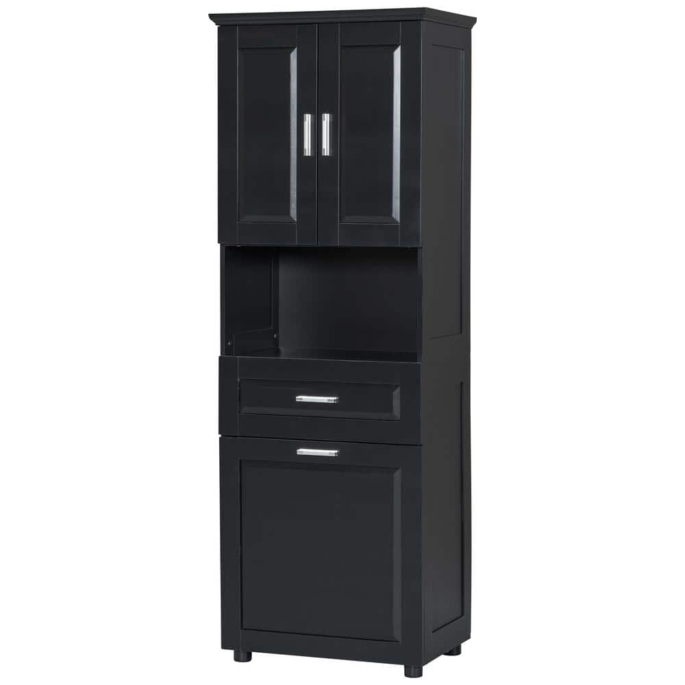 Tenleaf 25 in. W x 16 in. D x 70 in. H Black MDF Freestanding Linen Cabinet with Laundry Basket, Drawers, Adjustable Shelf (2)