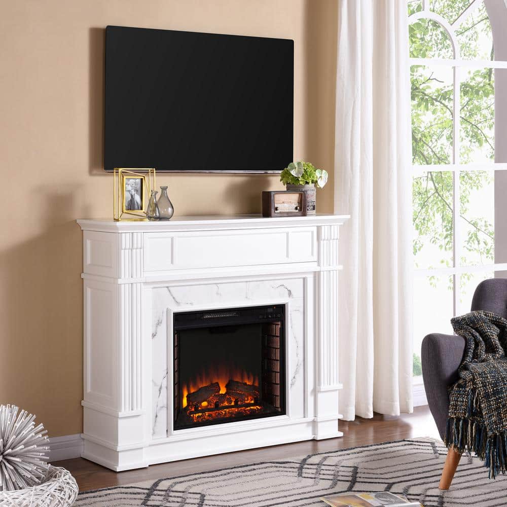 Southern Enterprises Rochester 48 in. W Faux Cararra Electric Media Fireplace in White (2)