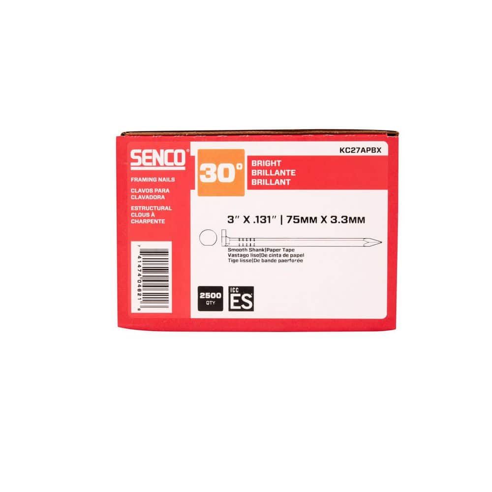 Senco .131 in. x 3-1/4 in. 30° Bright Finish Steel Flat-Head Smooth-Shank Paper Tape Collated Framing Nails Diamond-Tip (3)
