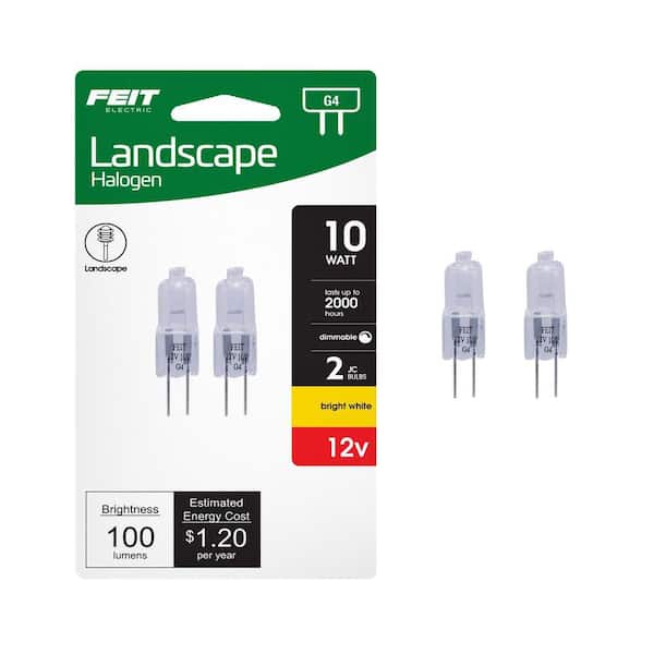 Feit Electric 10-Watt 12-Volt T3 JC G4 Bi-Pin Base Dimmable Landscape Garden Halogen Light Bulb, 2800K Bright White (2-Pack)