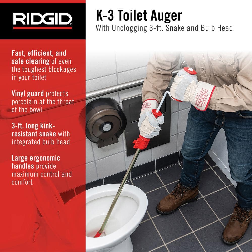 RIDGID K-3 Ultra Flexible Toilet Auger with Unclogging 3 ft. Snake and Integrated Bulb Head, Plumbing Toilet Snake for Drain (2)