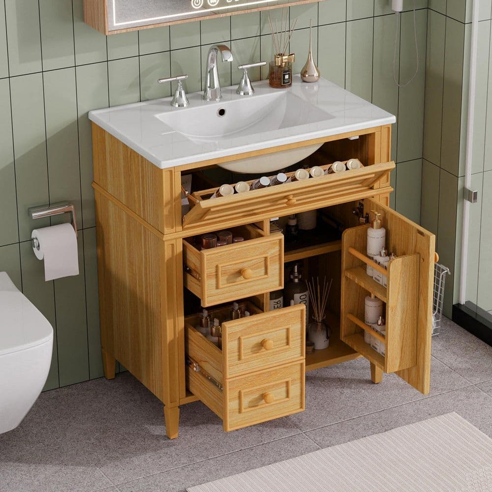 COWLOWN 30 in. Bath Vanity Cabinet without Top in Natural with Flip-Out Drawer, 2-Soft-Close Drawers, 1-Soft-Close Door (2)