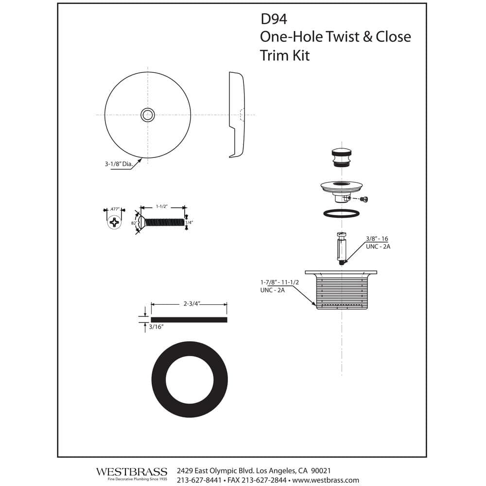Westbrass 1-1/2 in. NPSM Coarse Thread Twist and Close Tub Trim Set with 1-Hole Overflow Faceplate (4)